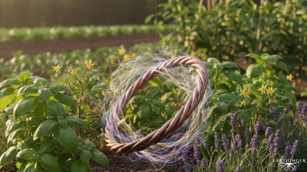 Kupfer Tensor-Ringe für Pflanzen im Garten.