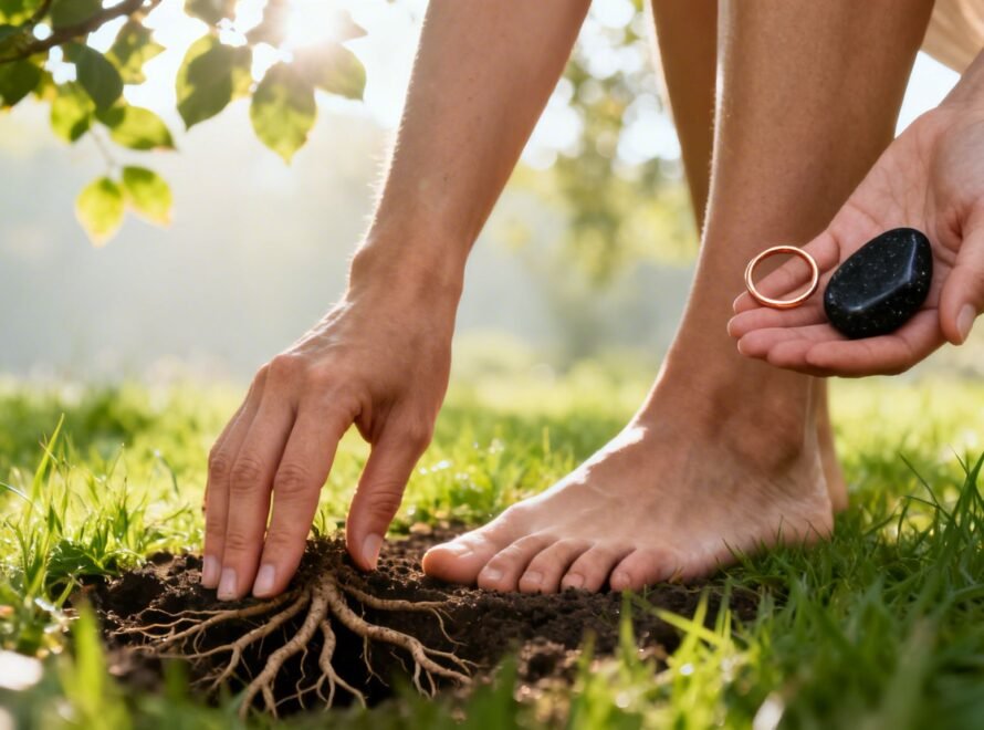 Person läuft barfuß im Gras zur Durchführung von Erdungsübungen gegen Stress