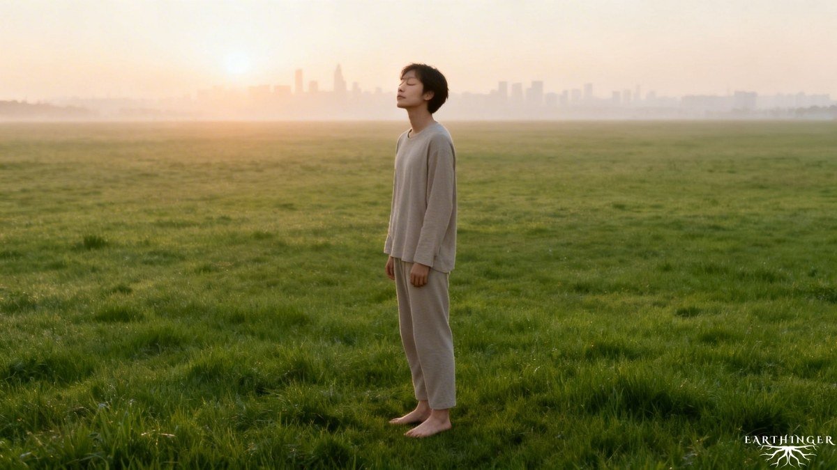 Junge Person steht barfuß im Morgengras, Augen geschlossen, genießt Sonnenaufgang mit Stadtblick.
