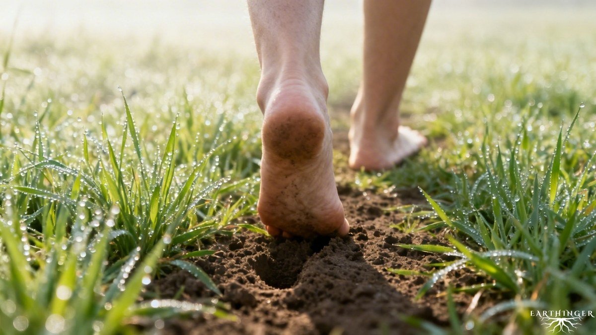 Nahaufnahme von Füßen, die barfuß auf einem Erdweg zwischen taufrischem Gras gehen.