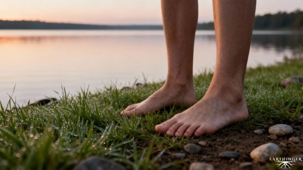 Barfuß auf taufrischem Gras am Seeufer. Sonnenuntergang spiegelt sich im ruhigen Wasser.