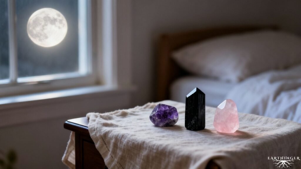 Drei Heilkristalle auf einem Nachttisch mit Vollmond im Fenster. Amethyst, Turmalin und Rosenquarz.