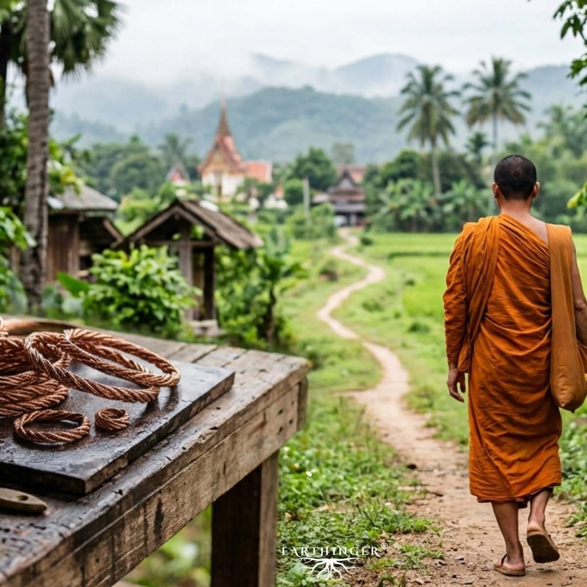 Thailändischer Mönch in der HErstellung von Tensor Ringen aus Kupfer