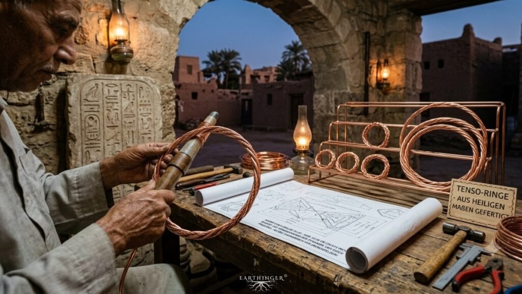 Historische Werkstatt in Ägypten mit Bauplänen der Gizeh-Pyramide und handgefertigten Tensor-Ringen aus Kupfer nach dem Sacred Cubit Maß.